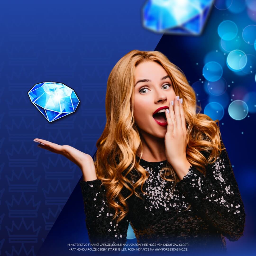 Blonde woman in a black sequin dress looks surprised as a blue diamond floats above her hand against a blue, crown-patterned background.