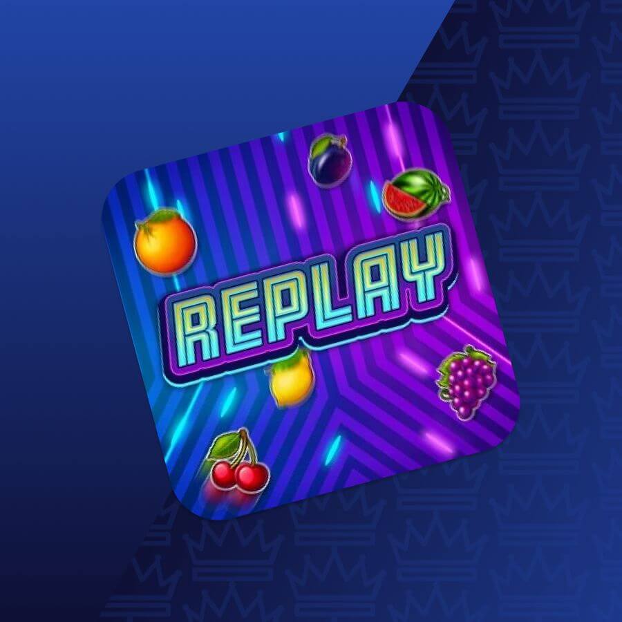 Colorful game app icon with the word REPLAY and fruit graphics on a neon purple-blue background