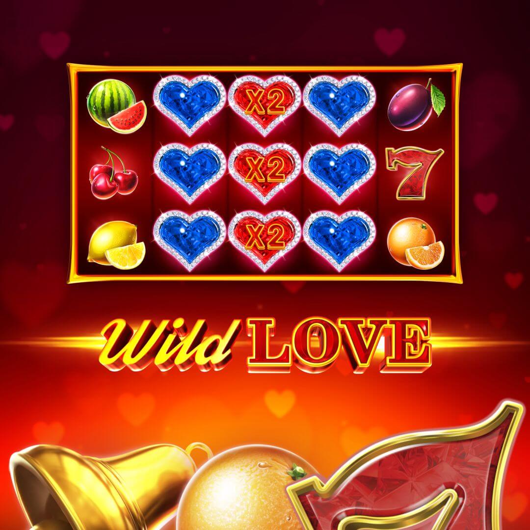 Slot machine game screen showing fruit icons on the left and right, blue heart symbols with red heart multipliers, and a prominent "Wild LOVE" title below.