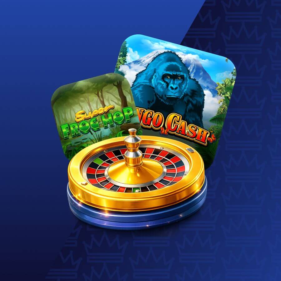 Casino-themed image featuring a golden roulette wheel with game icons in the background (gorilla and jungle graphics) suggesting slot or arcade games.