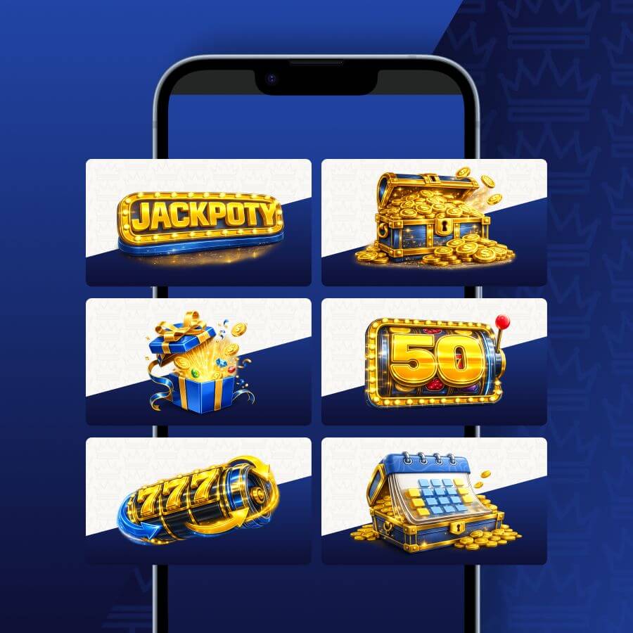 Six gold casino icons arranged as cards on a blue smartphone screen.