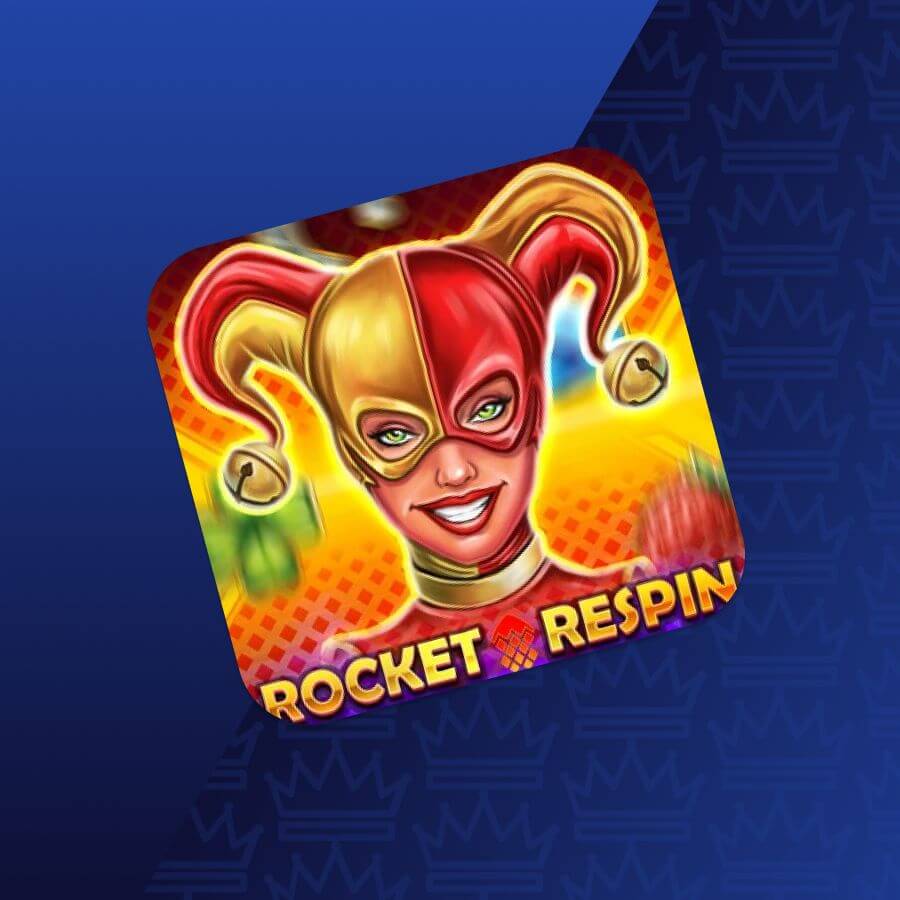 Game app icon for Rocket Respin featuring a colorful jester portrait on a bright orange background with the title text 'ROCKET RESPIN' at the bottom.