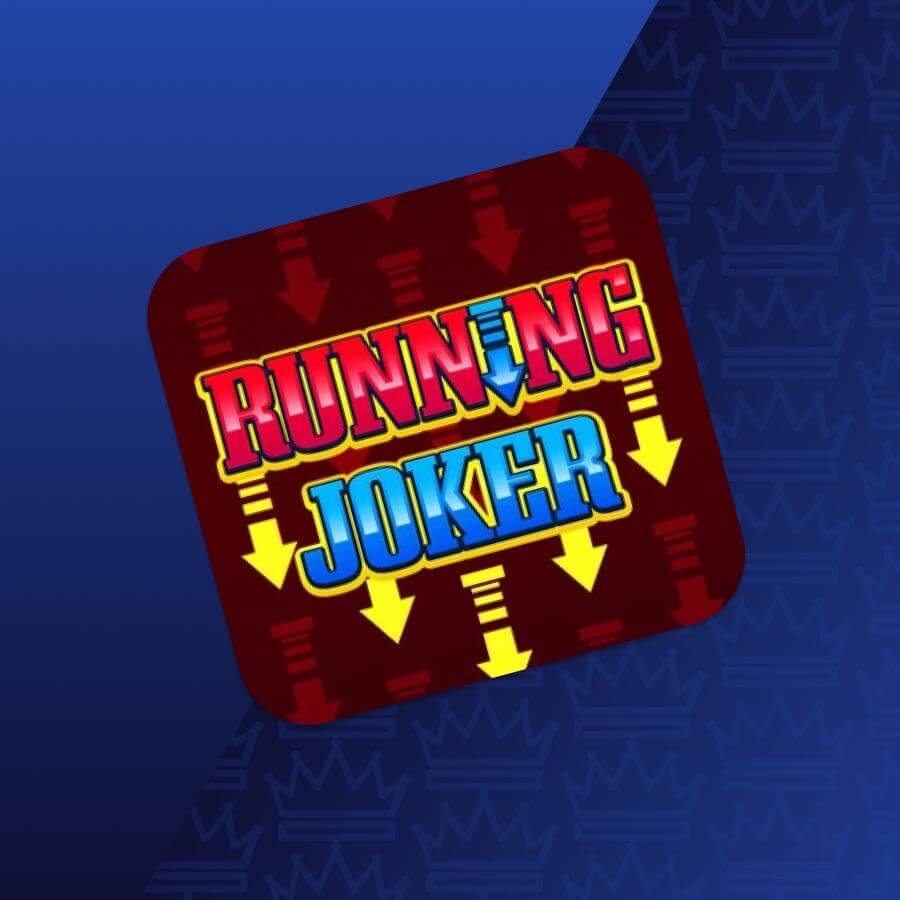 App icon for the game 'Running Joker' showing a red rounded square with bold pink 'RUNNING' and blue 'JOKER' text and yellow arrows around it.