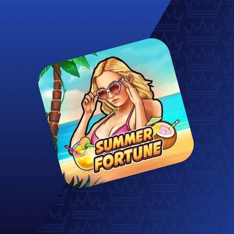 App icon for the game Summer Fortune: cartoon blonde woman at the beach wearing heart-shaped sunglasses with tropical drinks and the title 'SUMMER FORTUNE'.