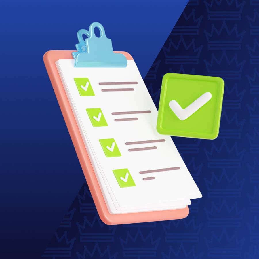 Clipboard with a multi-item checklist and green checkmarks on a pink border against a blue background, symbolizing completed tasks.