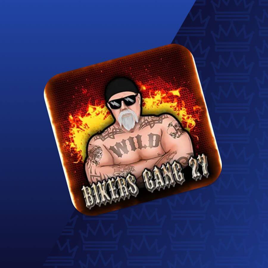 Logo-style illustration of a tattooed, muscular biker with sunglasses and a beanie, flames behind him, with the words 'WILD' and 'BIKERS GANG 21'.