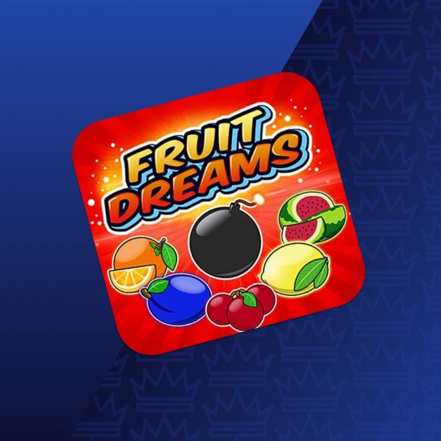 Fruit Dreams game icon: red rounded square with colorful fruits around a central black bomb on a blue gradient background