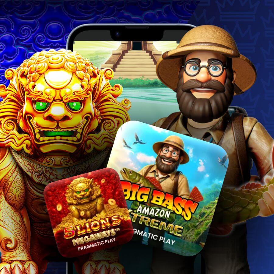 Collage showing a fantasy golden statue and a bearded explorer flanking a smartphone with adventure game icons and a jungle backdrop.