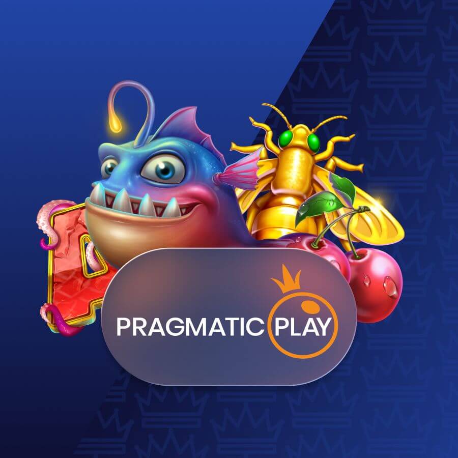 Promotional graphic featuring colorful cartoon creatures around the Pragmatic Play logo on a blue gradient background.