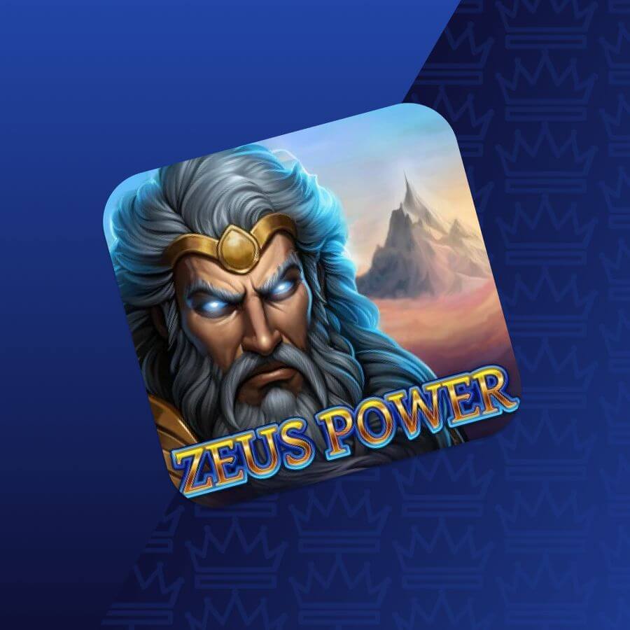Icon for a game called Zeus Power featuring a bearded, glowing-eyed Zeus with a gold headband against a mountainous backdrop