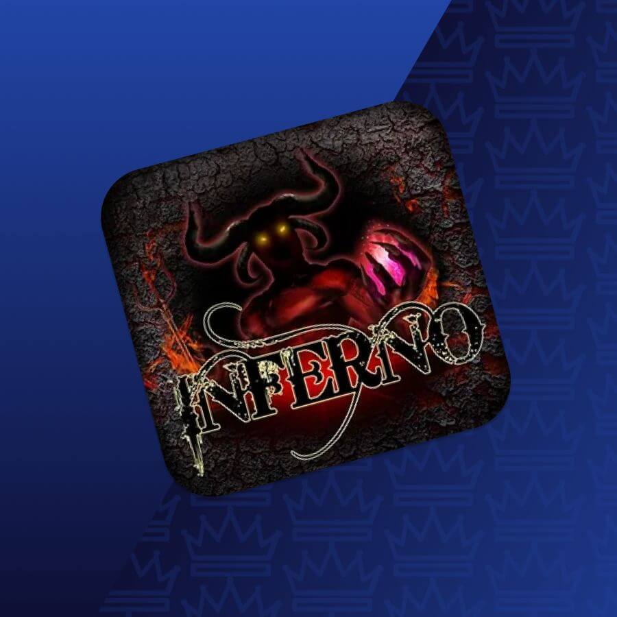 Inferno game logo: a fiery, horned demon with glowing eyes and the word 'Inferno' in stylized, burning letters on a cracked rock background.