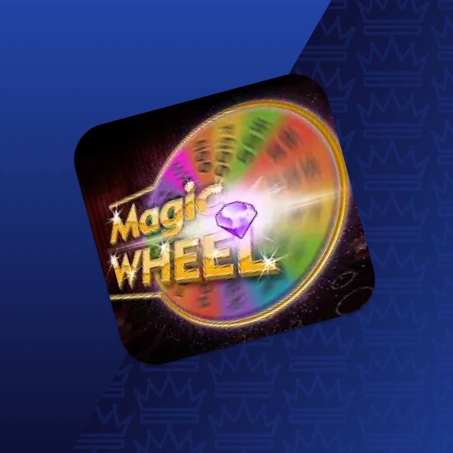 Tilted app icon showing a rainbow spinning wheel with a purple gem and the text 'Magic Wheel'