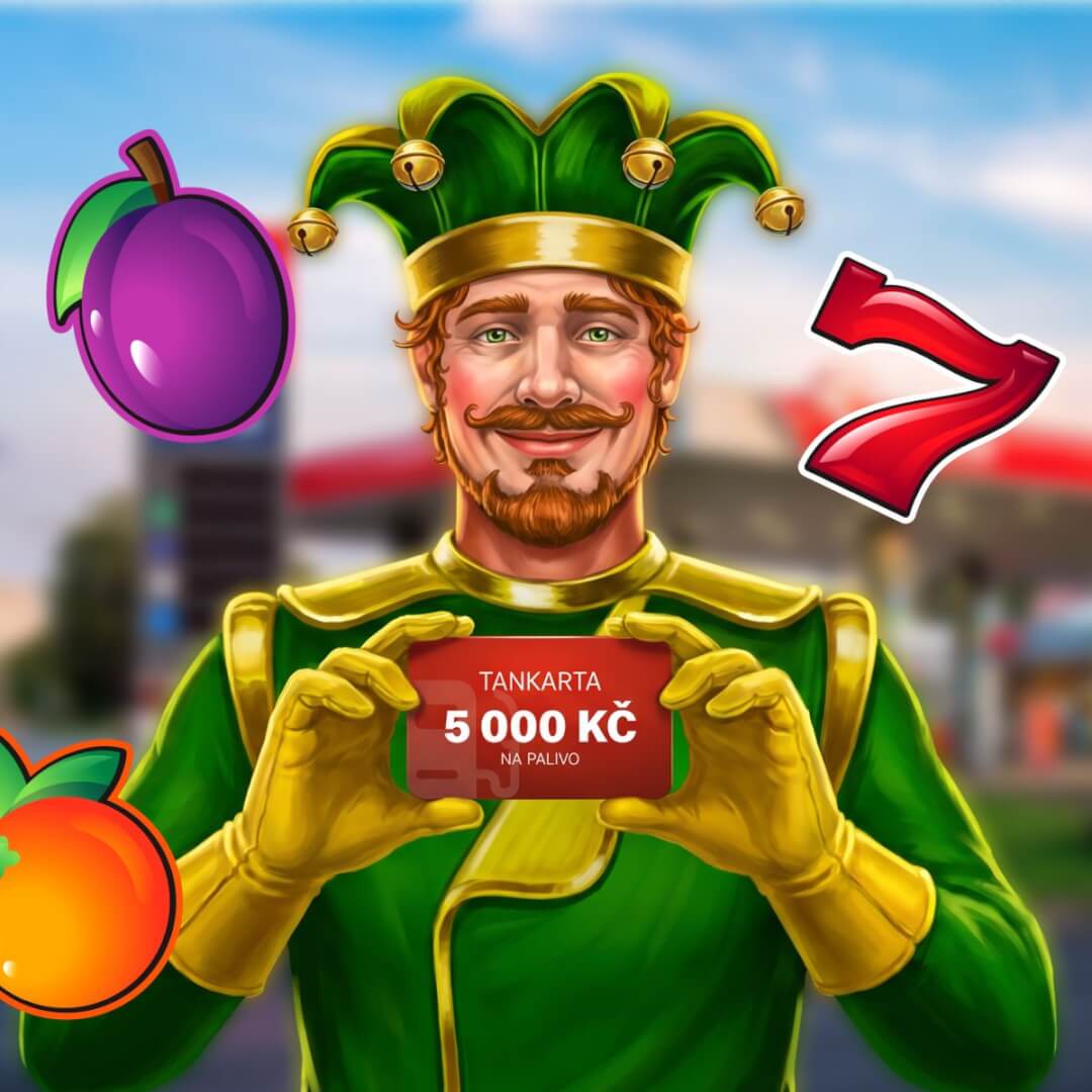 Jester in green and gold holds a red card that says 'TANKARTA 5 000 Kč NA PALIVO', with a purple plum and a red 7 in the background.