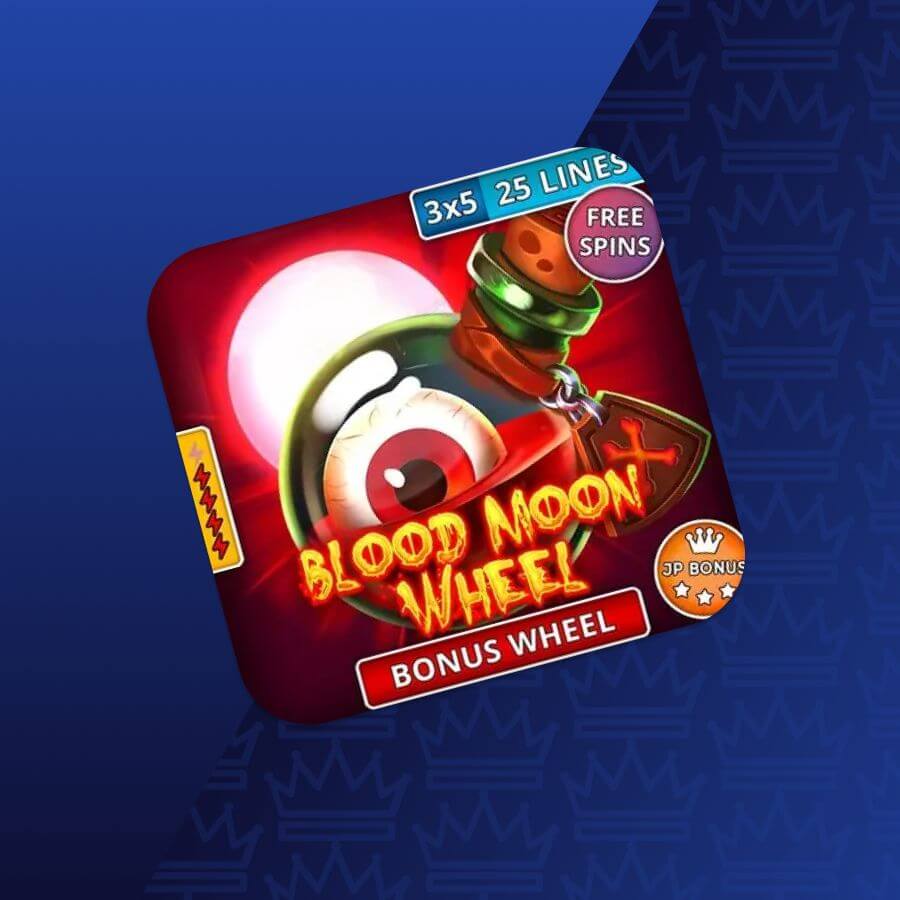 Icon for Blood Moon Wheel slot game with Bonus Wheel and Free Spins badges; 3x5, 25 lines text visible on the image.