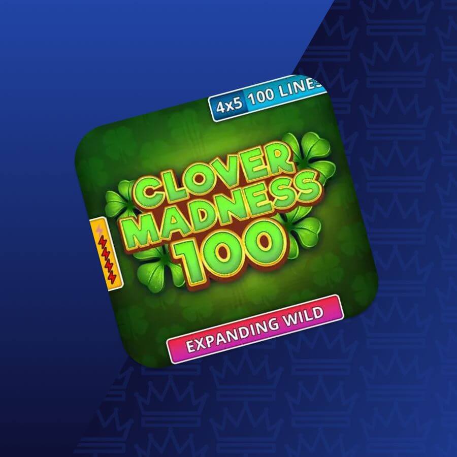 App icon for Clover Madness 100: a green rounded square with shamrocks and the bold yellow text 'Clover Madness 100', plus an 'Expanding Wild' pink banner at the bottom.