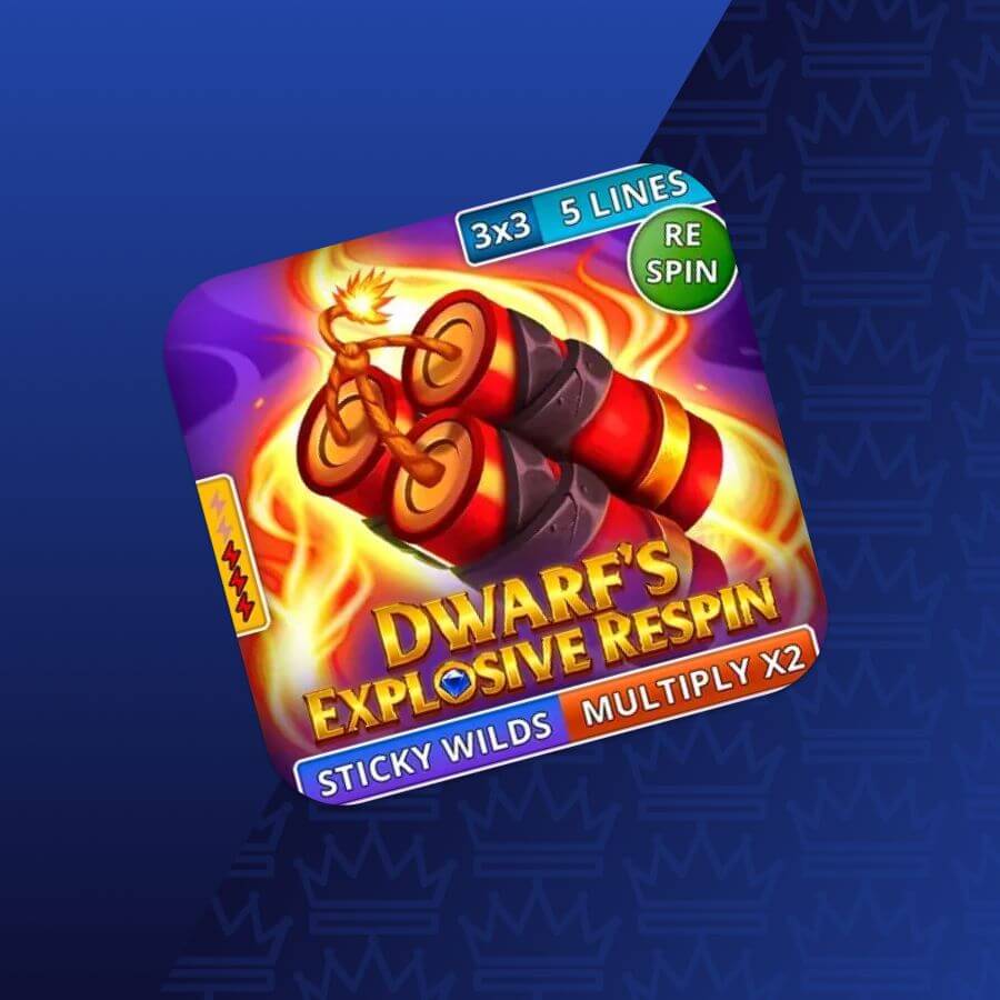 Game cover for 'Dwarfs' Explosive Respin' slot, with fiery artwork, featuring a 3x3 reel layout and 5 paylines, plus a ReSpin badge.