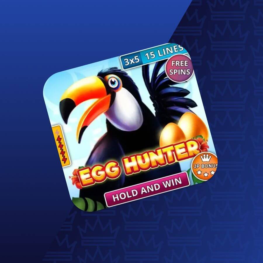 Egg Hunter game app icon featuring a colorful toucan, eggs, and banners reading '3x5 15 LINES' and 'FREE SPINS'