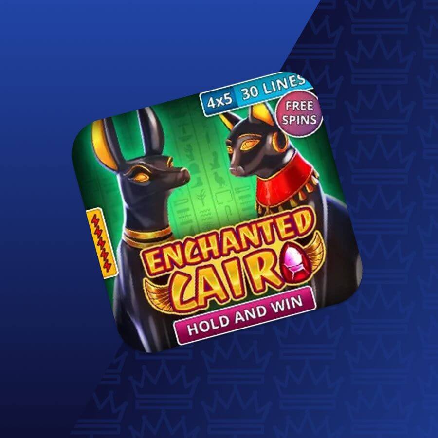 App icon for Enchanted Cairo slot game with Egyptian cat imagery, 'Hold and Win' banner and '4x5, 30 lines' label