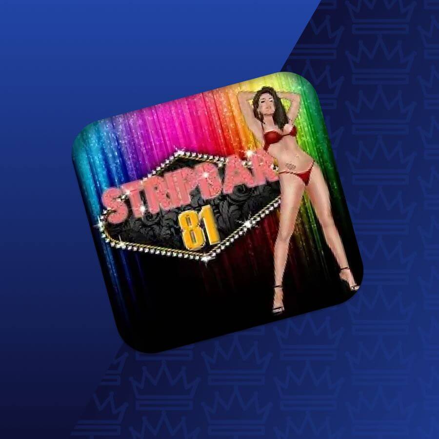 App icon with a rainbow gradient background, featuring a woman in a red bikini beside a bright sign with bold letters and the number 81.