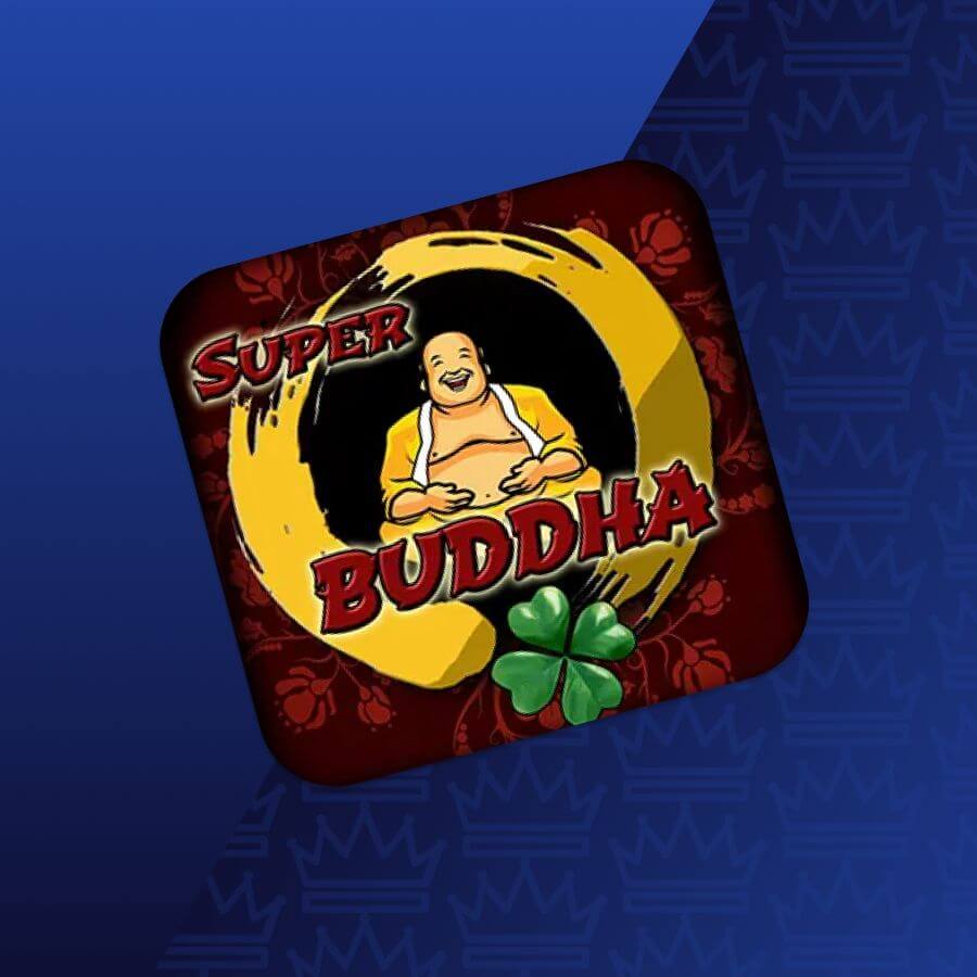 App icon for 'Super Buddha' showing a smiling Buddha inside a yellow circle on a red patterned background with a green four-leaf clover and bold red text.