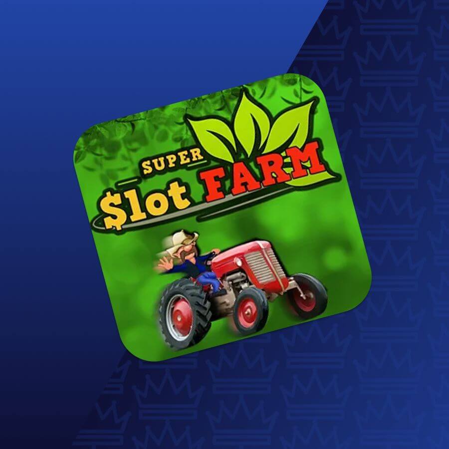 App icon for 'Super Slot Farm' featuring a farmer on a red tractor against a green lawn, with bold yellow/red text.