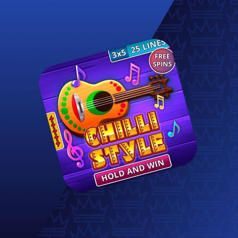 Slot game tile with a colorful guitar and musical notes; text reads 'Hold and Win' with a 'Free Spins' badge and '3x5, 25 lines' banner.