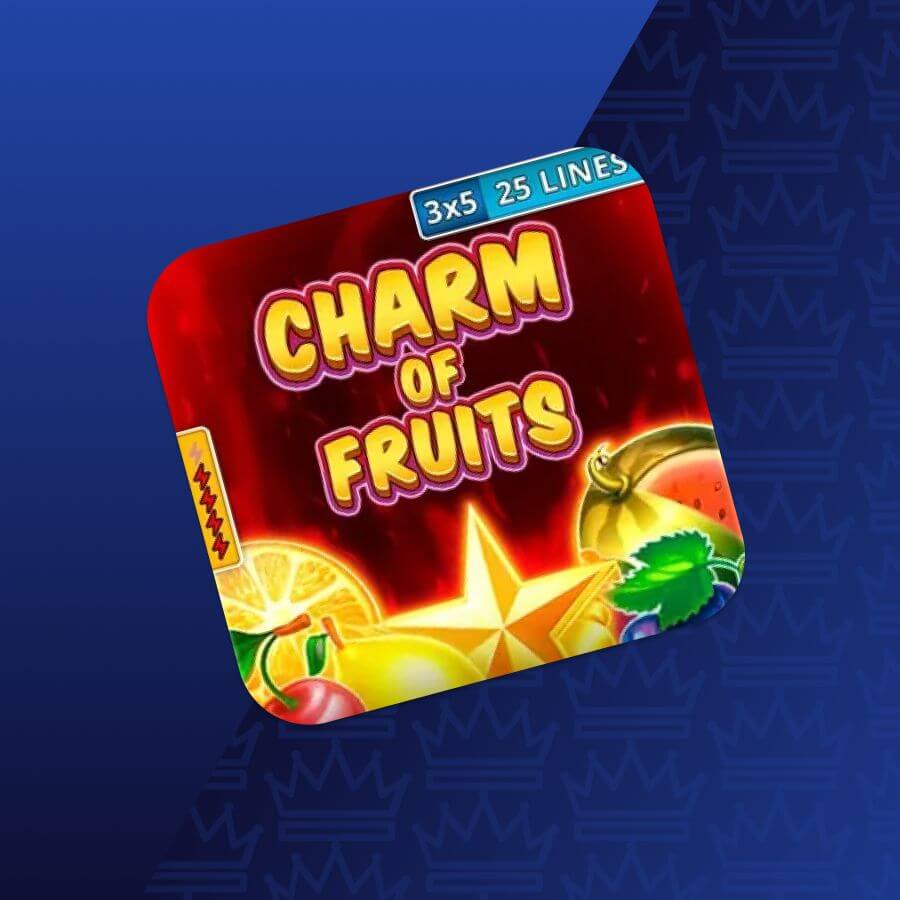 App icon for 'Charm of Fruits' with a bright red background and colorful fruit graphics, including lemons and star, title visible.