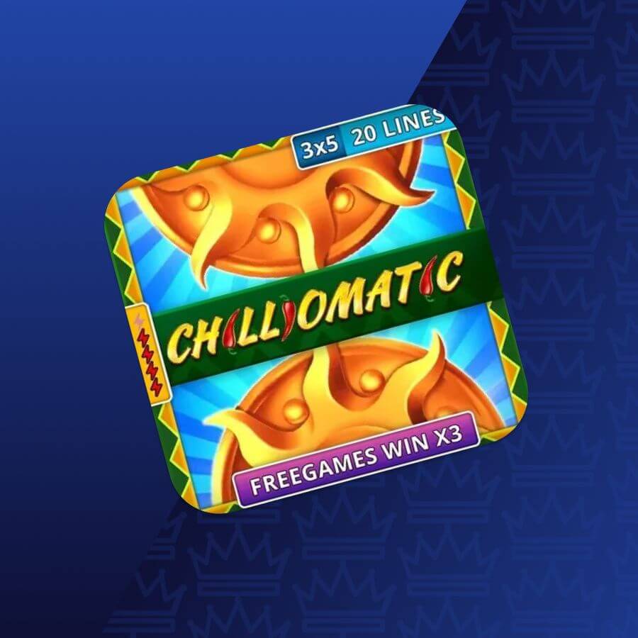 Icon for a slot game called Chillomatic, featuring gold bells and a green banner with &lsquo;Chillomatic&rsquo; and &lsquo;Free games win x3&rsquo; label.