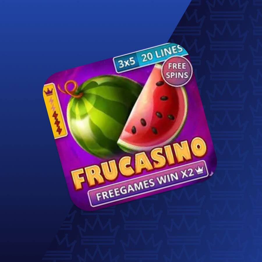Promo image for a slot game called Frucasino featuring a whole watermelon and a watermelon slice on a purple card, with banners reading '3x5 20 LINES' and 'FREE SPINS' against a blue gradient background.