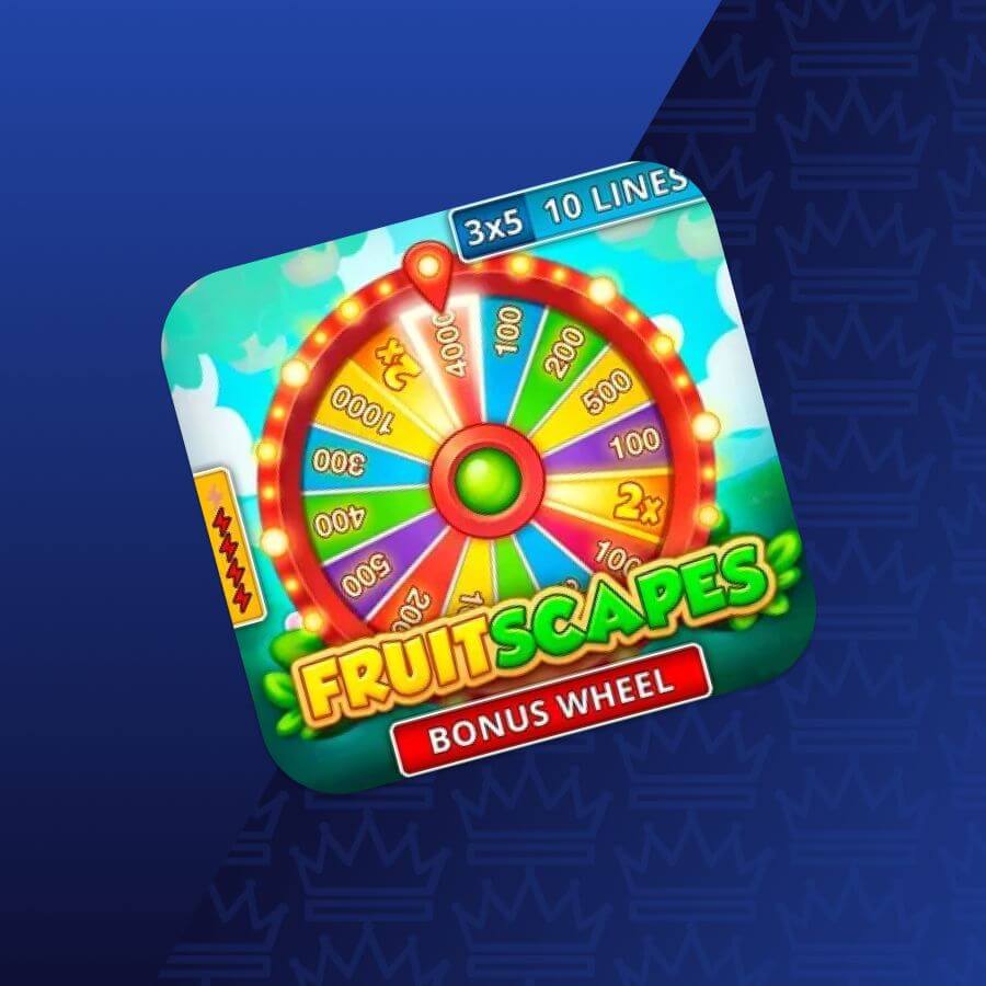 Colorful game icon featuring a bright spinning wheel labeled FruitScapes and Bonus Wheel, with glowing lights and a blue sky background