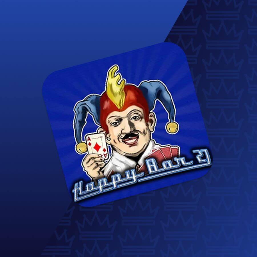 App icon showing a smiling jester with playing cards on a blue background, labeled Happy Bar 21