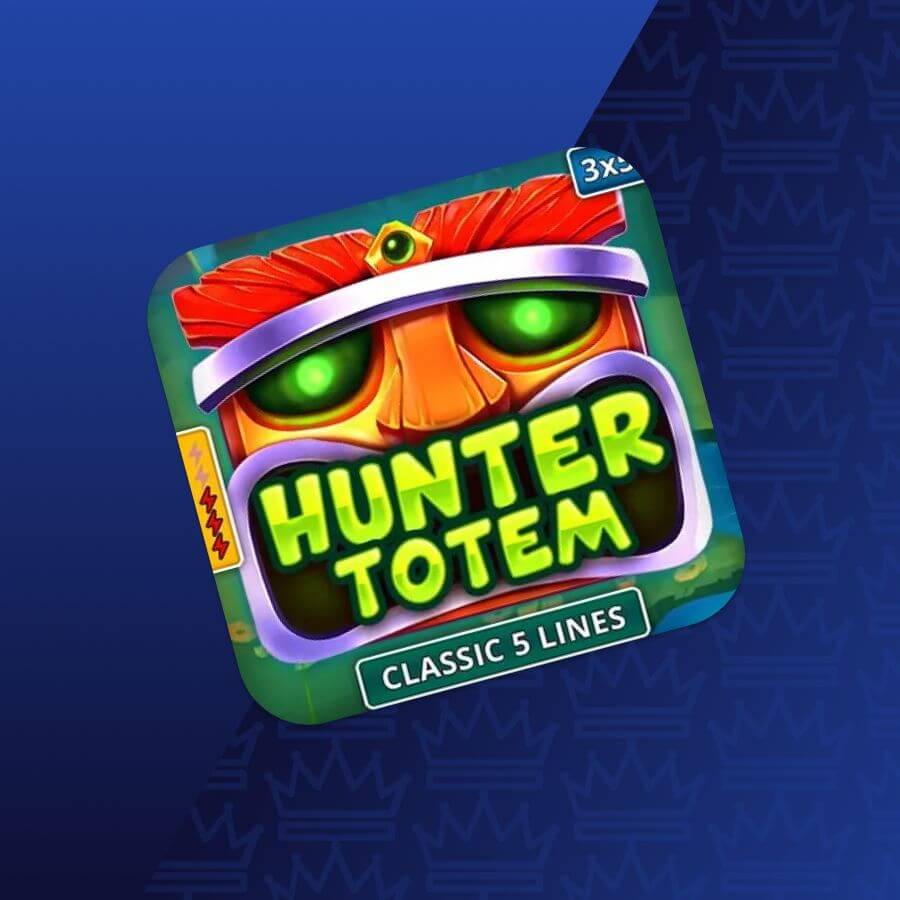 Icon for the mobile game Hunter Totem: a cartoon tribal mask with green glowing eyes and bold yellow title, plus a 'Classic 5 Lines' label.